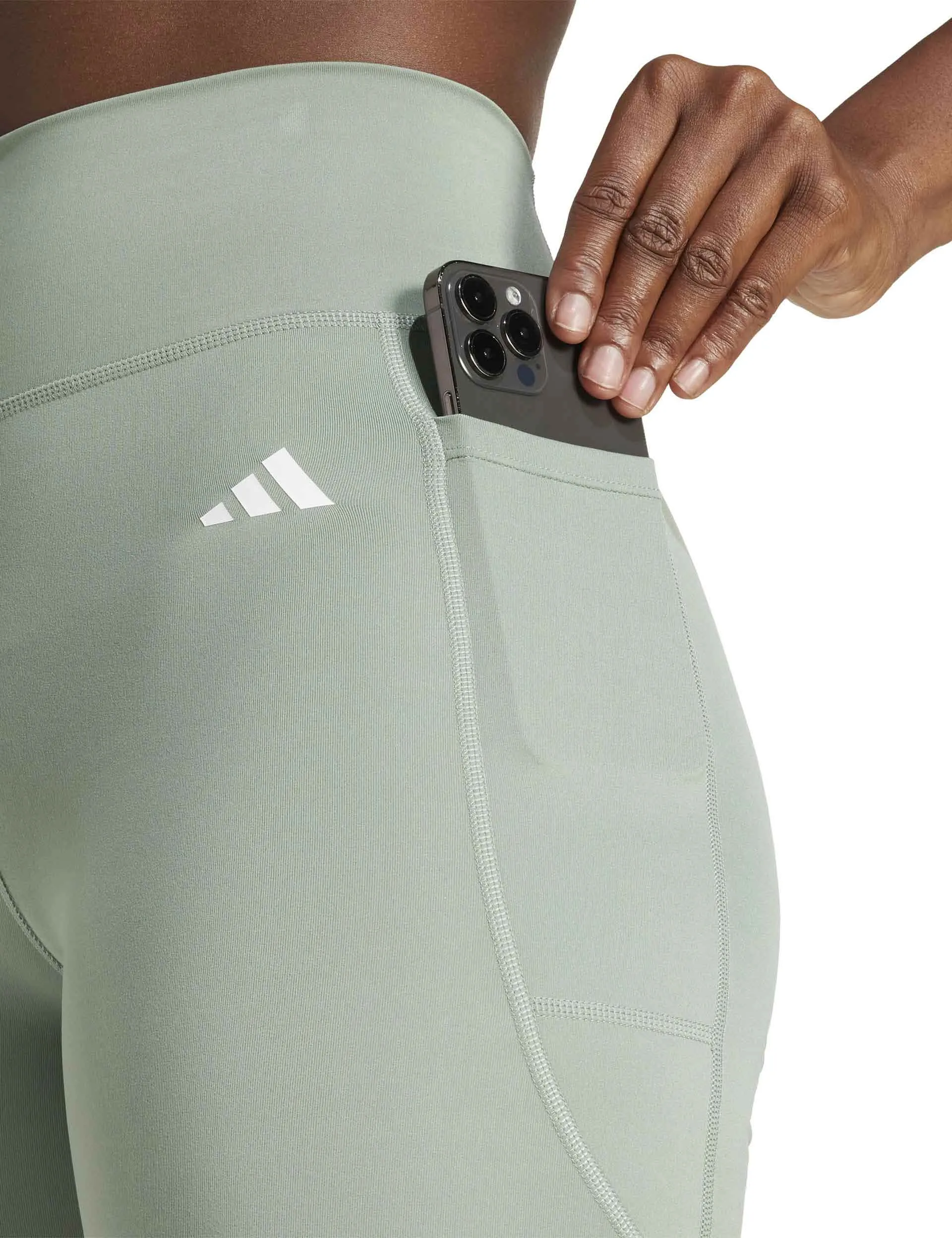 Optime Essentials Stash Pocket 7-Inch Short Leggings - Silver Green/White